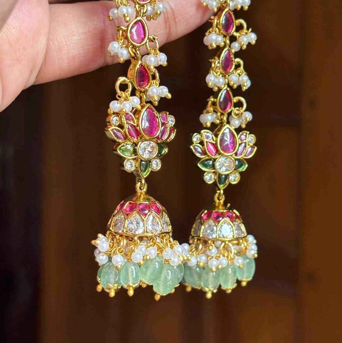 Premium Quality Jhumka with attached Matal designed with Ruby red Kemp stones & Polka Diamonds  Floral Pattern Jhumka with Hanging Emerald Hydro beads and pearls J0064-CE60