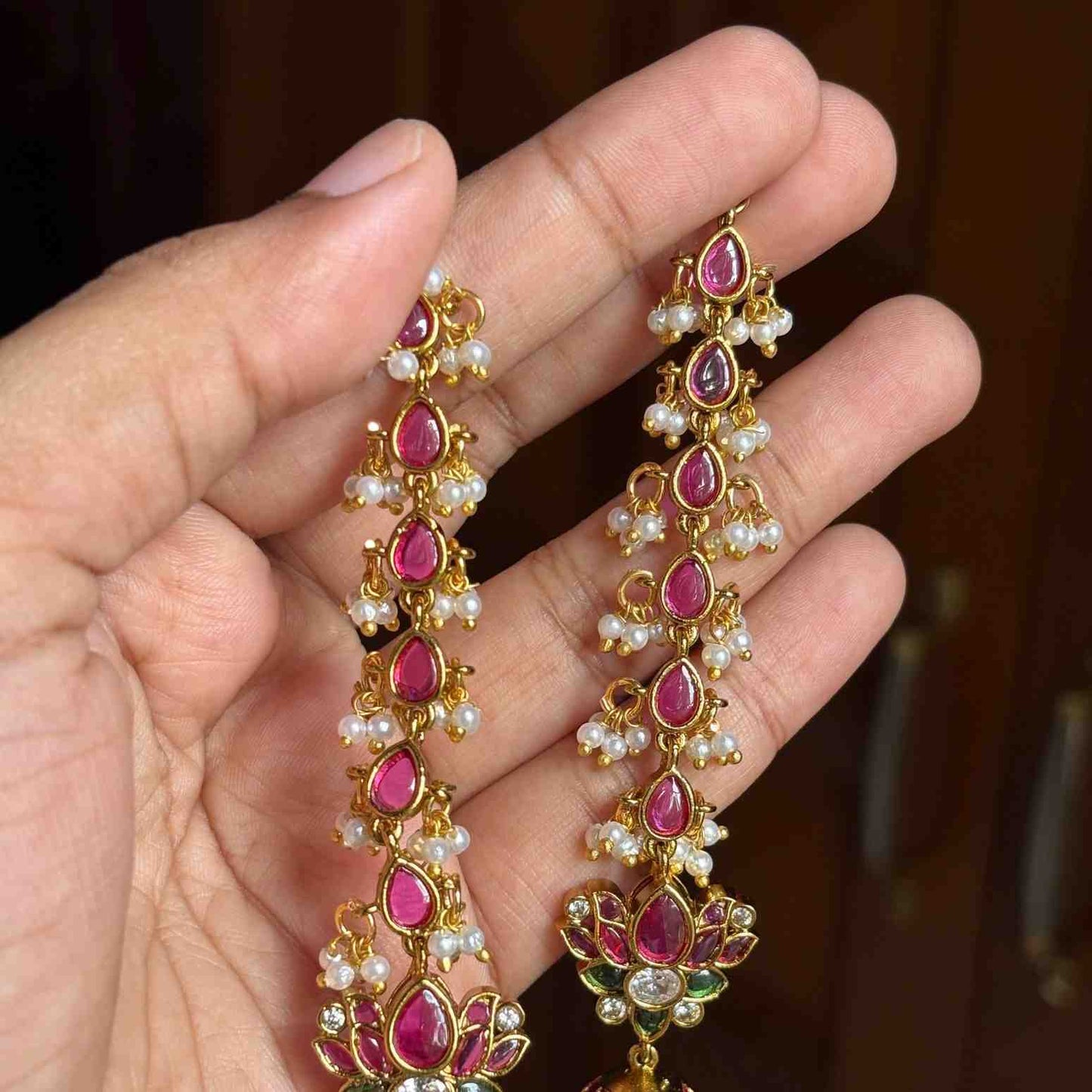 Premium Quality Jhumka with attached Matal designed with Ruby red Kemp stones & Polka Diamonds  Floral Pattern Jhumka with Hanging Emerald Hydro beads and pearls J0064-CE60