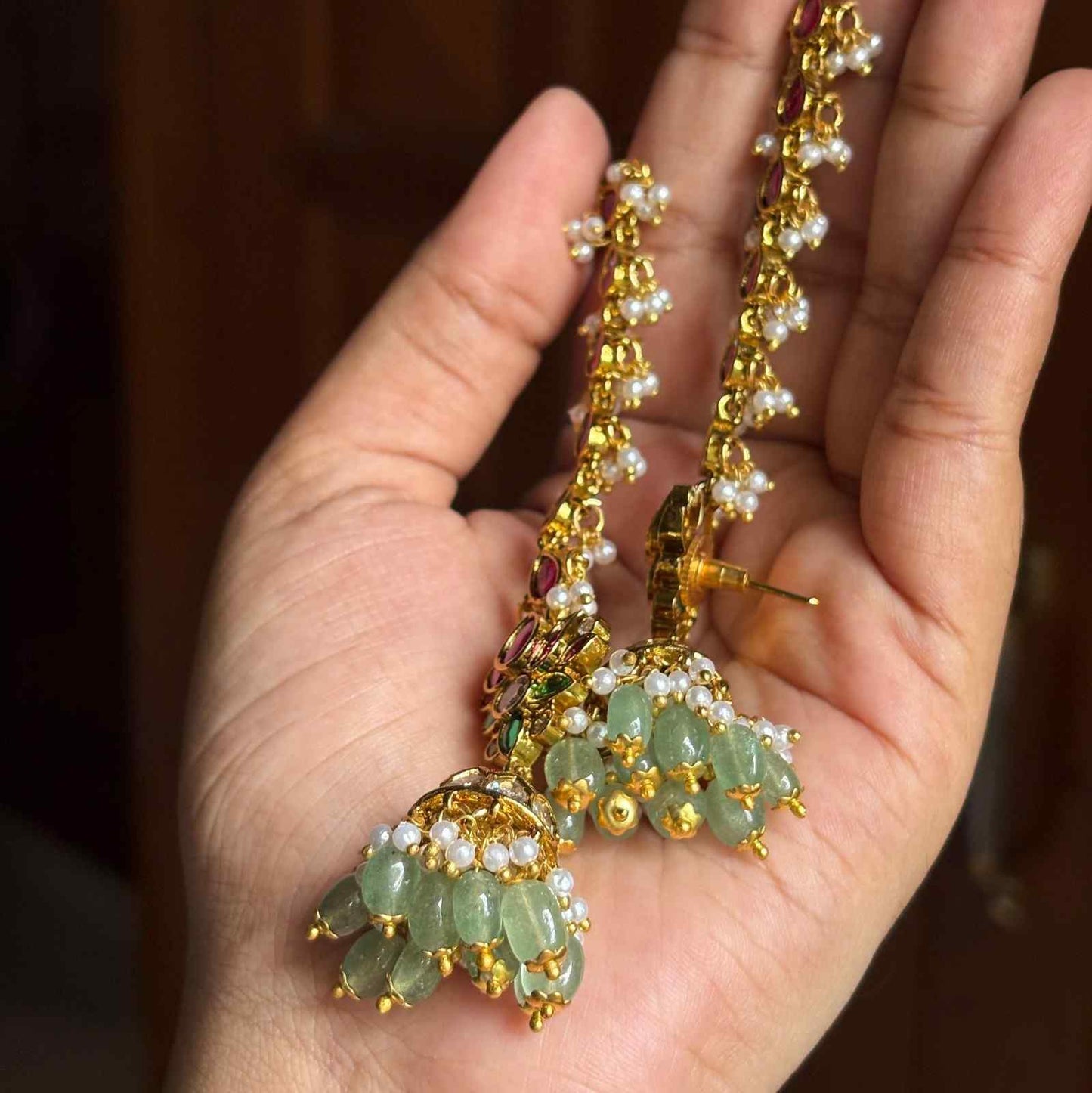 Premium Quality Jhumka with attached Matal designed with Ruby red Kemp stones & Polka Diamonds  Floral Pattern Jhumka with Hanging Emerald Hydro beads and pearls J0064-CE60