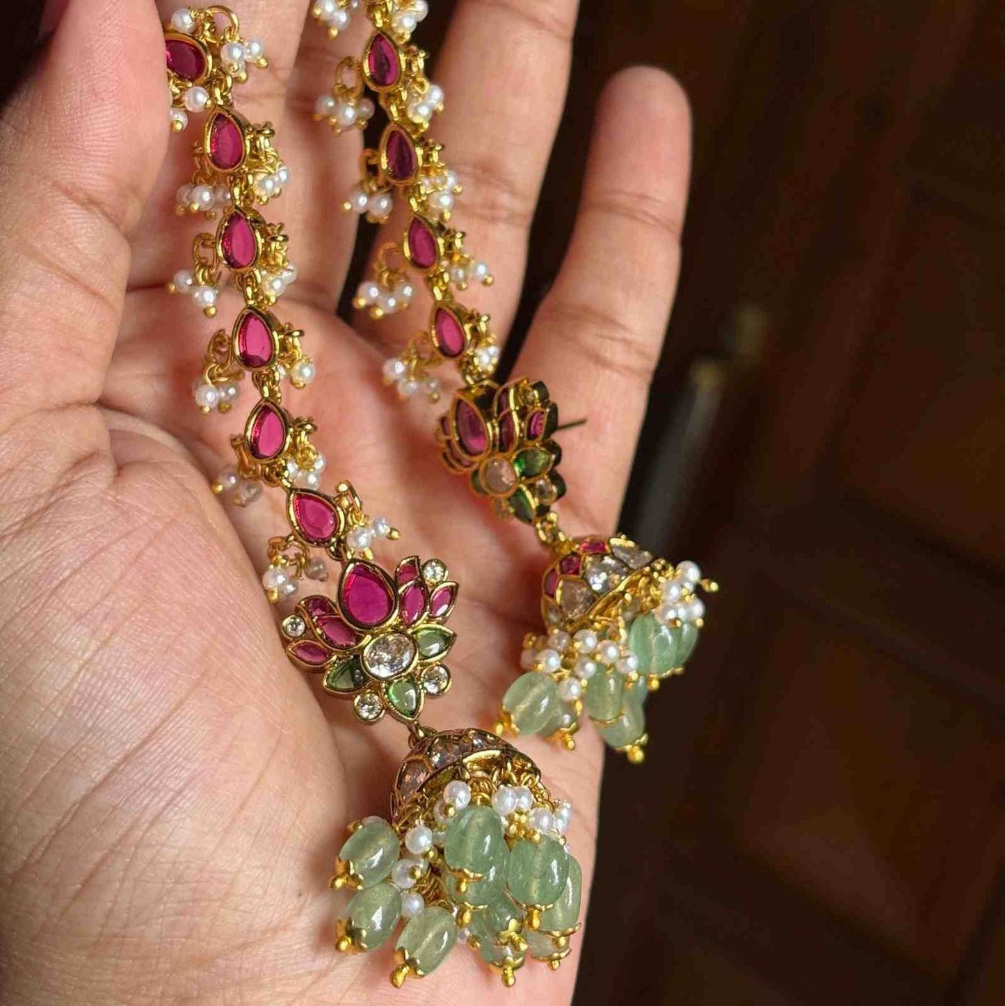 Premium Quality Jhumka with attached Matal designed with Ruby red Kemp stones & Polka Diamonds  Floral Pattern Jhumka with Hanging Emerald Hydro beads and pearls J0064-CE60