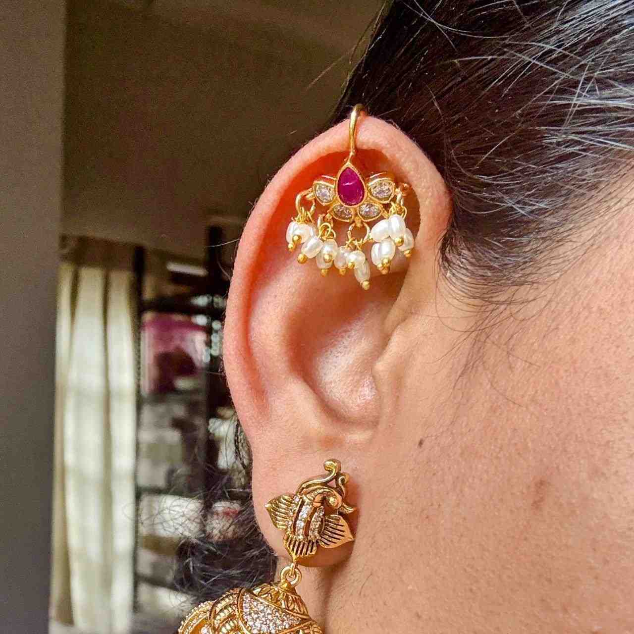 Premium Quality Bugadi Floral Pattern Designed with Polki diamond And Kemp stones Slight press to adjust to your ears J0066