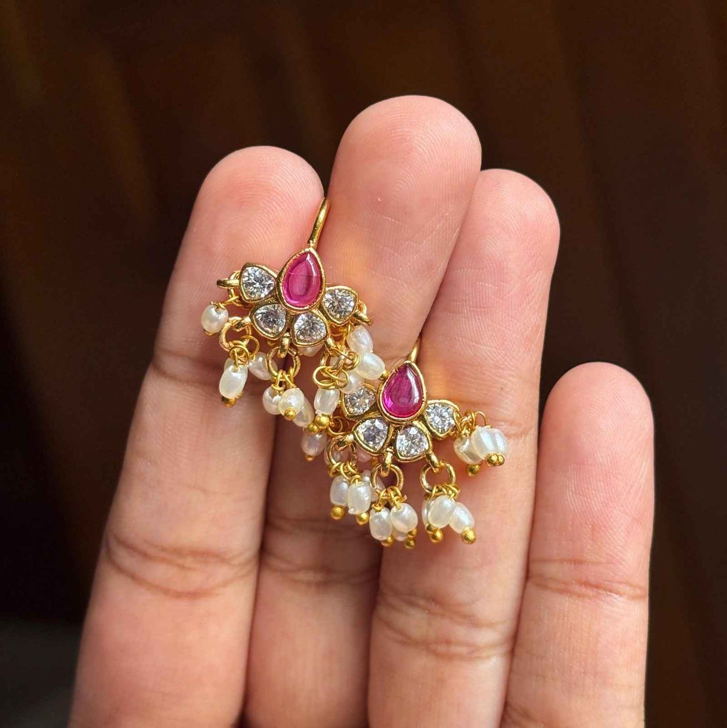 Premium Quality Bugadi Floral Pattern Designed with Polki diamond And Kemp stones Slight press to adjust to your ears J0066