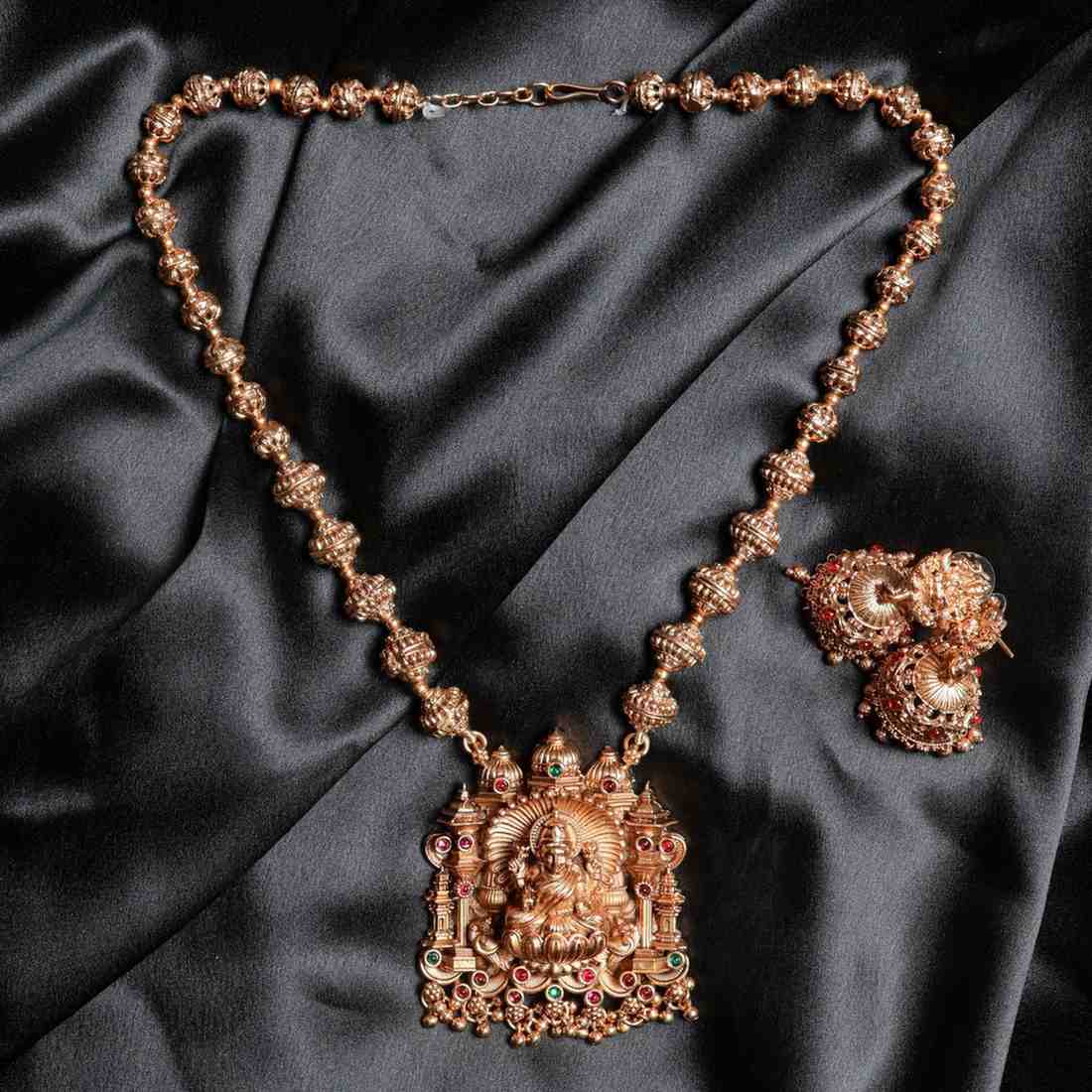 Matte Finish Premium Look Chettinad Design Ball Chain LakshmI Middle Length Haram with Gold Beads H0017-CT70