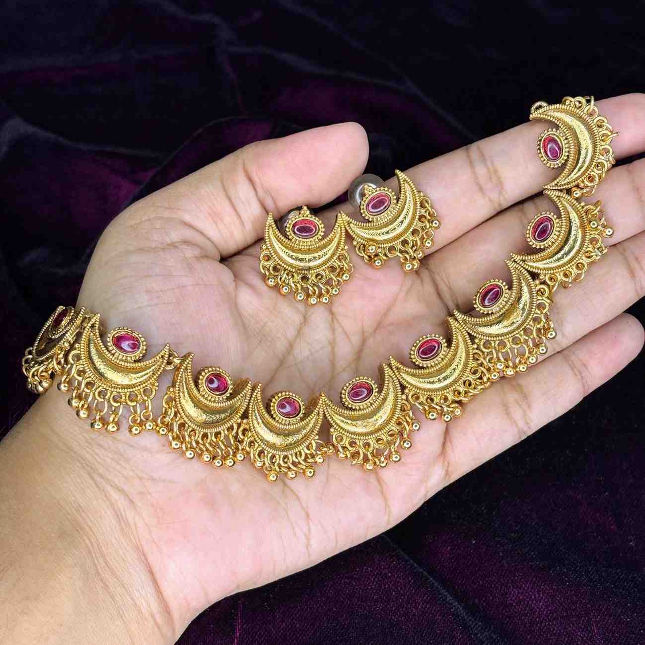 Matte Finish Moon design Necklace with Red Stone N0157-CJ20