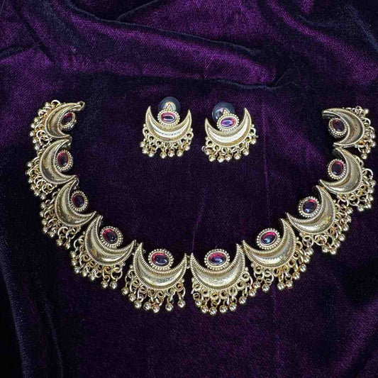 Matte Finish Moon design Necklace with Red Stone N0157-CJ20