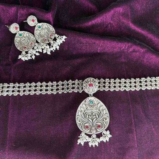 Premium Look Matte Finish Silver Chocker Set With Earrings N0158-CD29