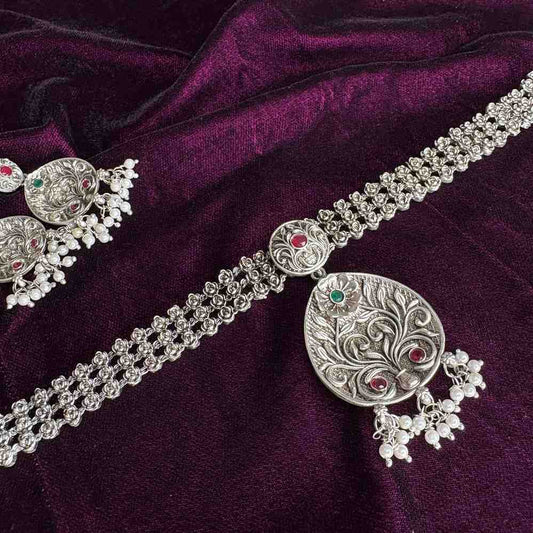 Premium Look Matte Finish Silver Chocker Set With Earrings N0158-CD29