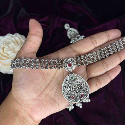 Premium Look Matte Finish Silver Chocker Set With Earrings N0158-CD29