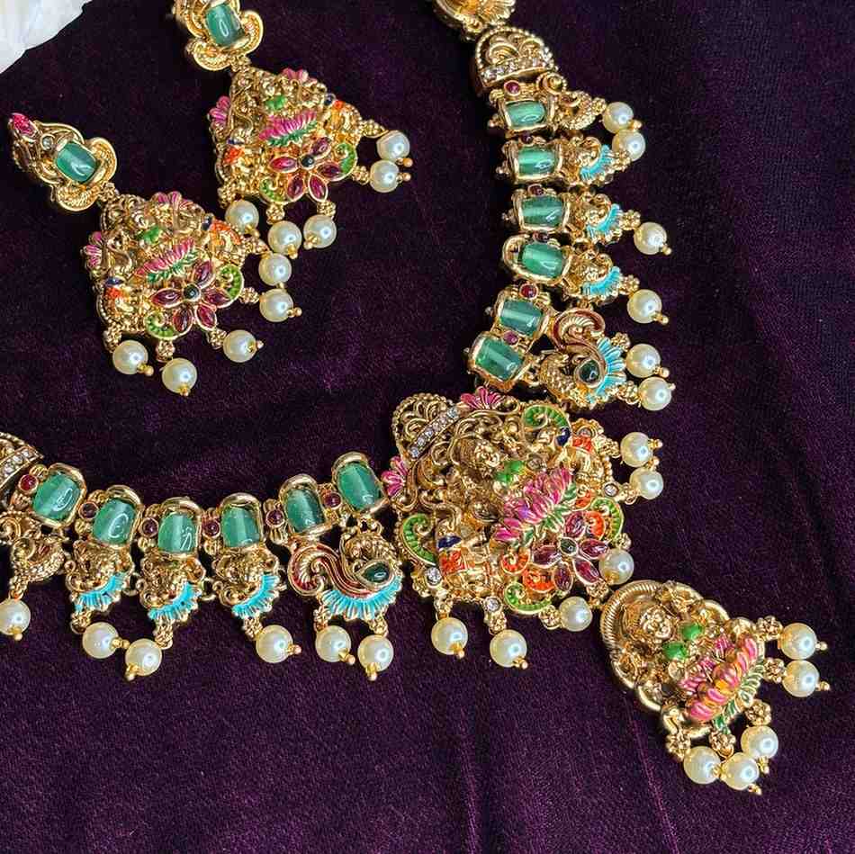 Matte Finish Traditional Meenakari Lakshmi Necklace with earrings N0160-CO50