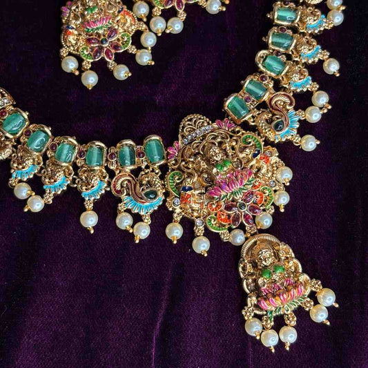 Matte Finish Traditional Meenakari Lakshmi Necklace with earrings N0160-CO50
