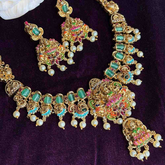 Matte Finish Traditional Meenakari Lakshmi Necklace with earrings N0160-CO50