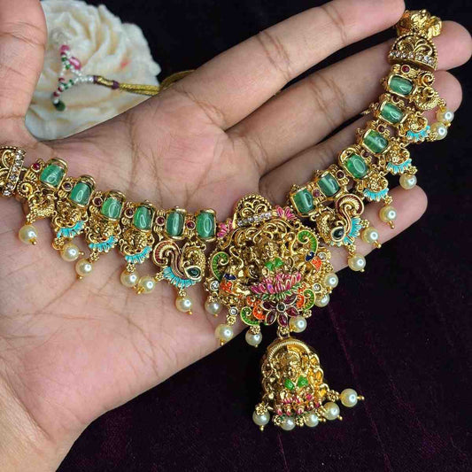 Matte Finish Traditional Meenakari Lakshmi Necklace with earrings N0160-CO50