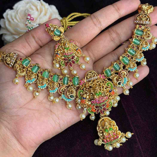 Matte Finish Traditional Meenakari Lakshmi Necklace with earrings N0160-CO50