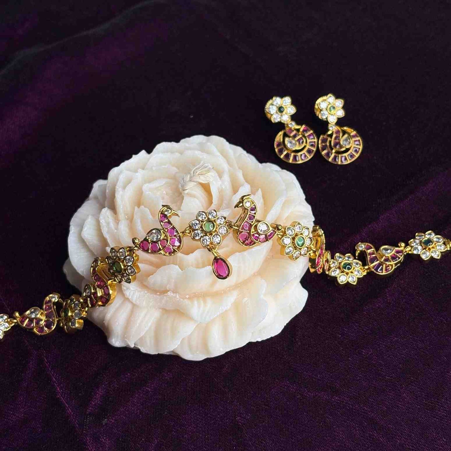 Premium Quality Kemp Stone Necklace Designed with Ruby red & Emerald Green stone with matching earrings N0171-CI55