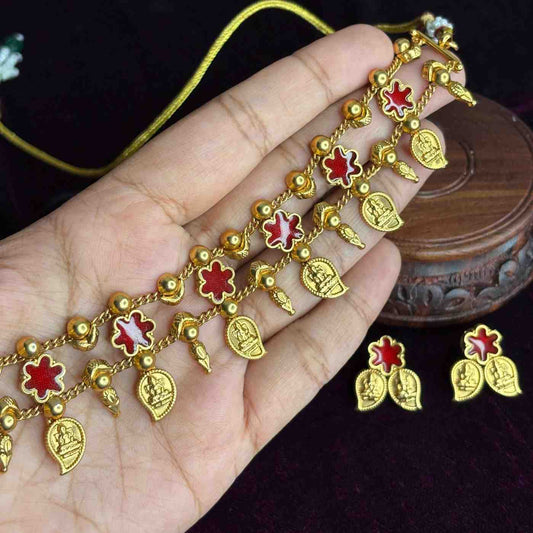 Premium Quality Maga Lakshmi RED ENAMEL Chocker set with Matching earrings N0162-CD33