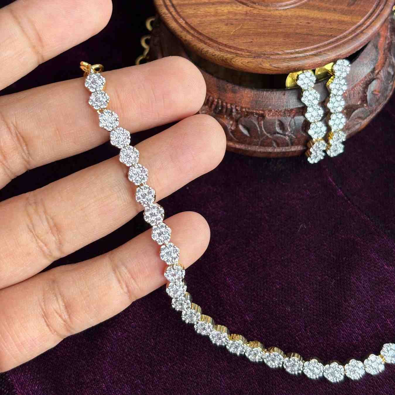 Premium Quality American Diamond necklace with Rhodium Polish Diamond Inspired Necklace with Earrings N0163-CV75