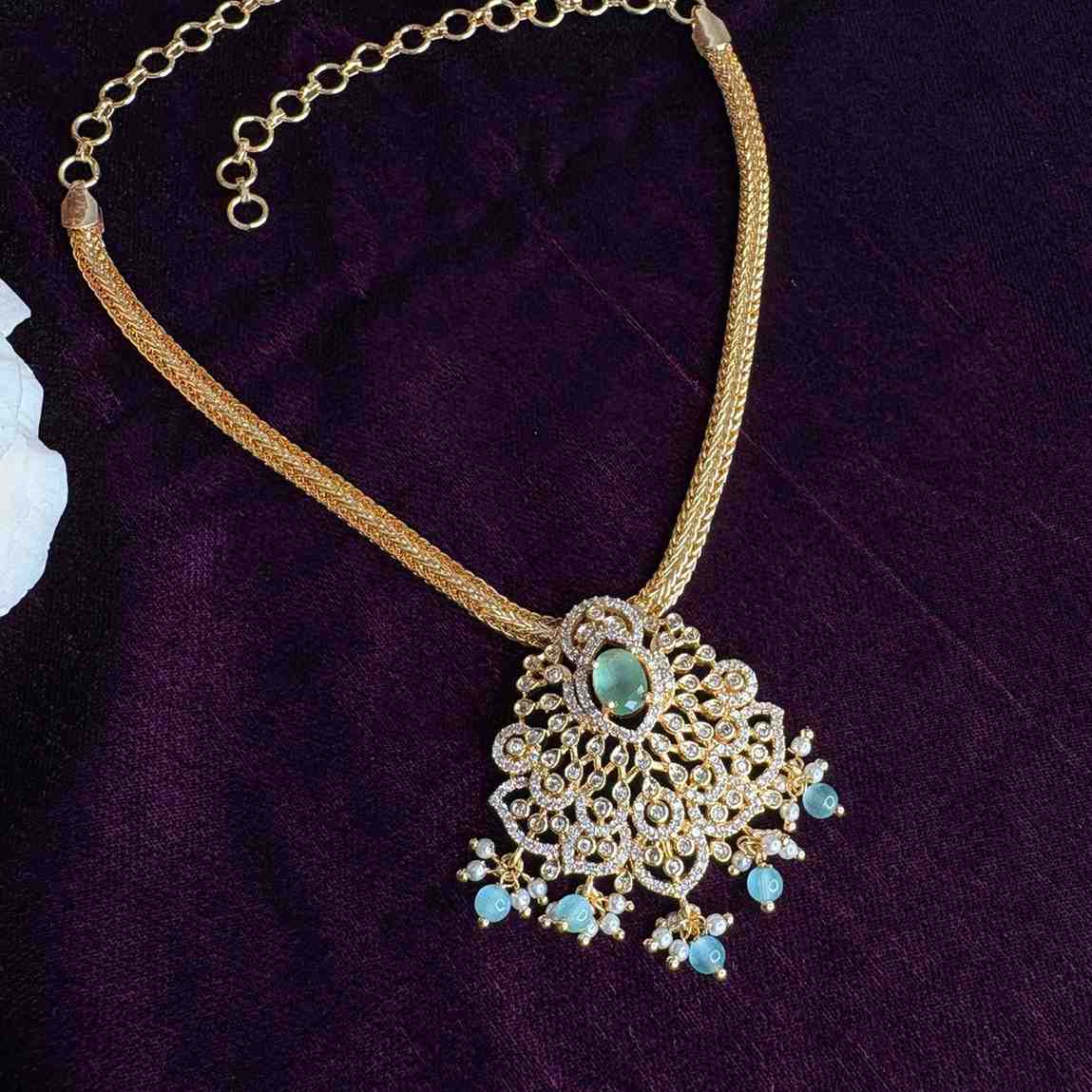 Premium Micro plated Attigai type necklace with Sea Blue Stone only necklace N0166-CJ44