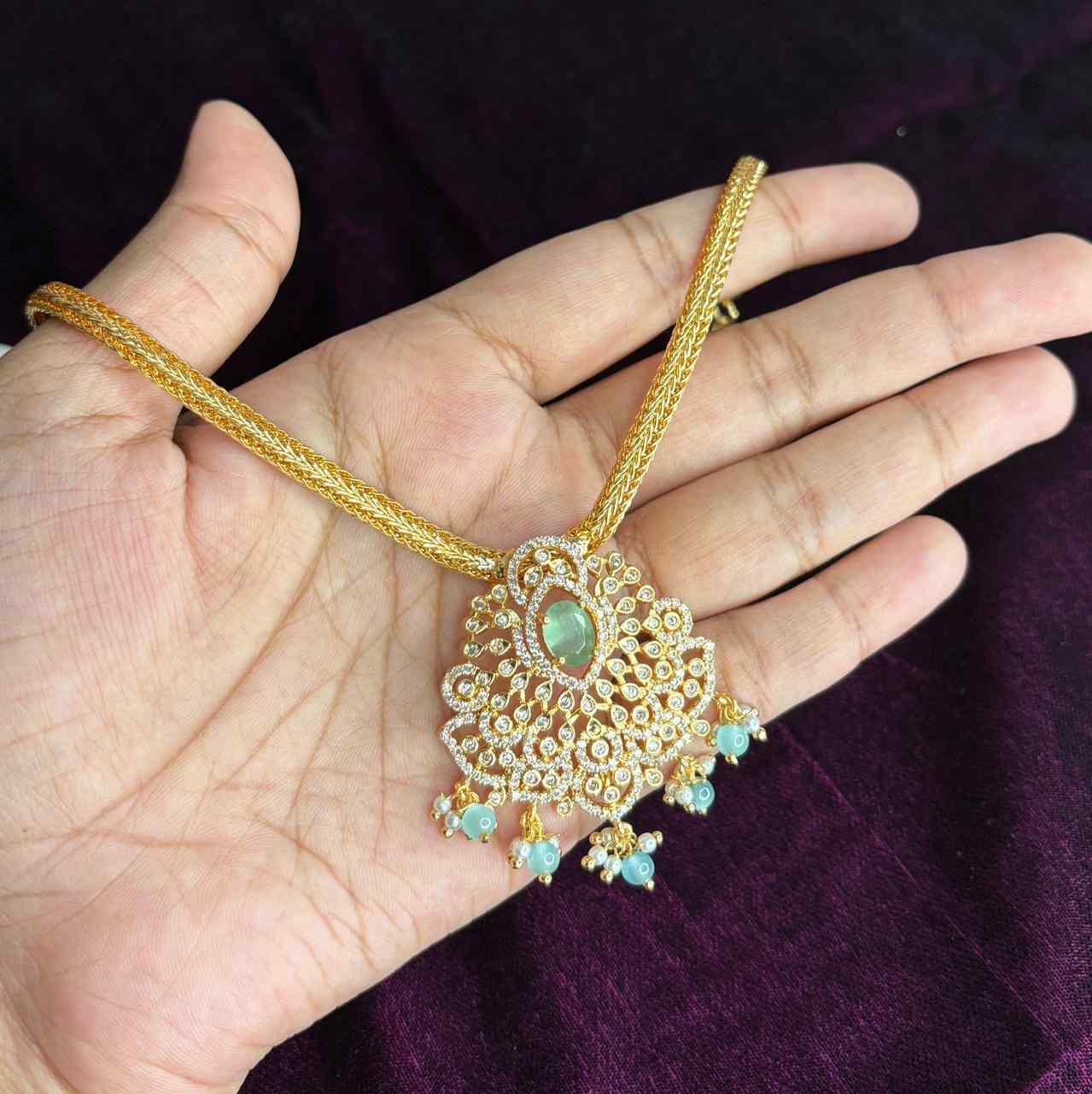 Premium Micro plated Attigai type necklace with Sea Blue Stone only necklace N0166-CJ44