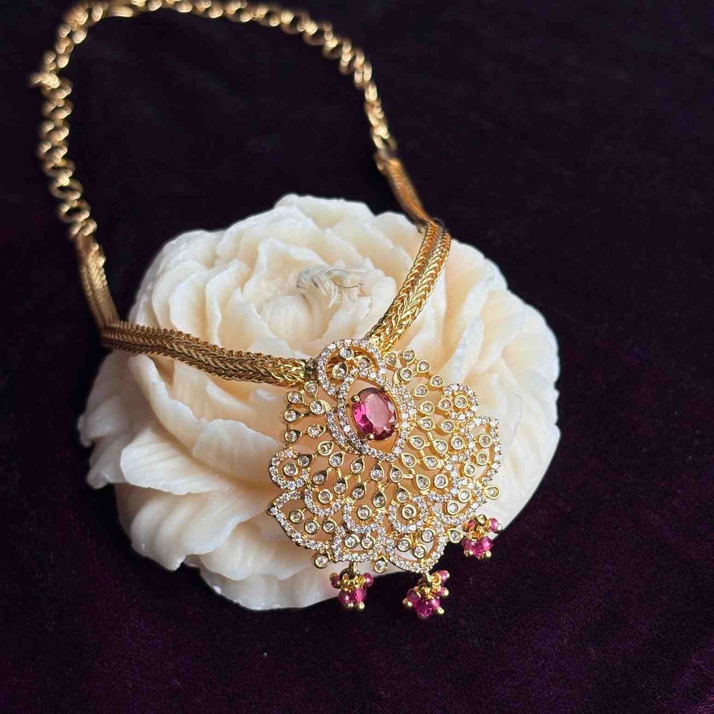 Premium Micro plated Attigai type necklace with Ruby Red Stone only necklace N0165-CJ44