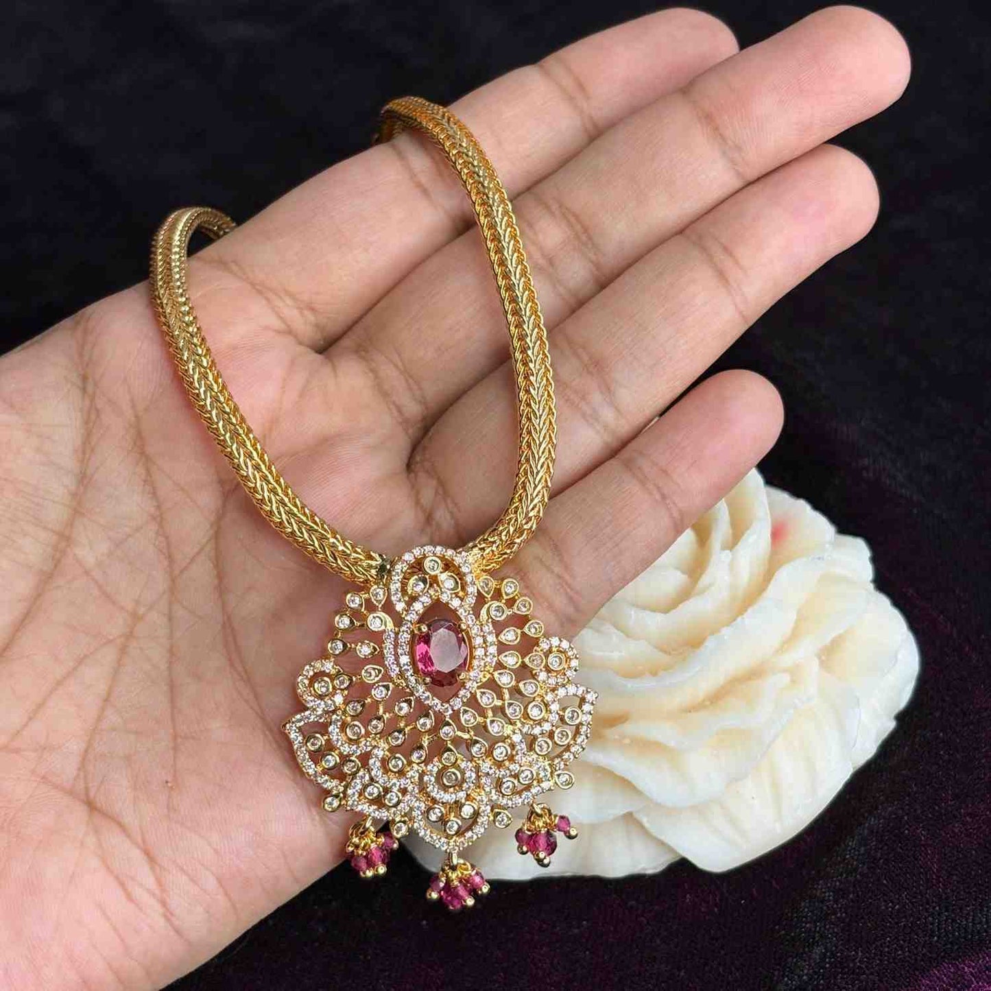 Premium Micro plated Attigai type necklace with Ruby Red Stone only necklace N0165-CJ44