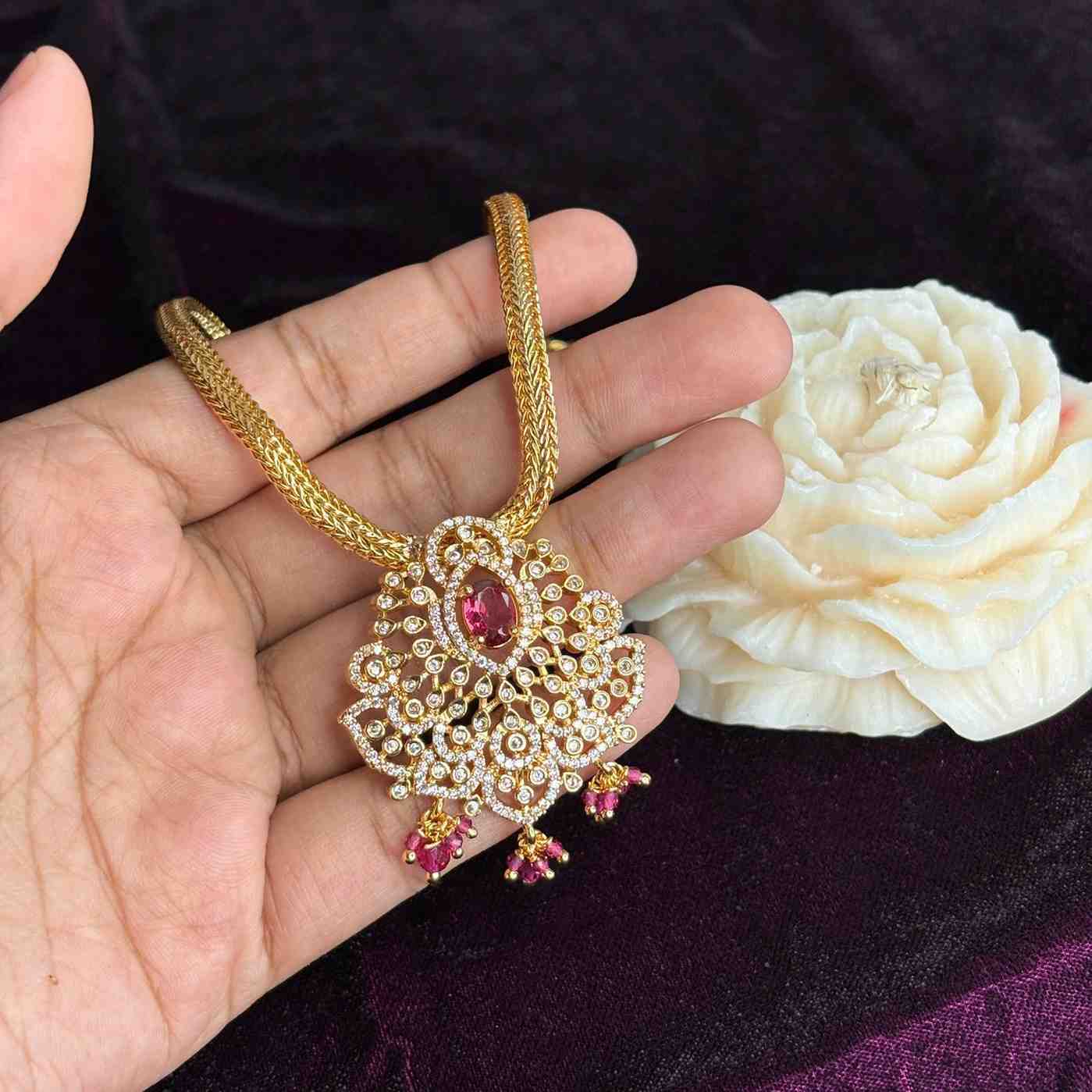 Premium Micro plated Attigai type necklace with Ruby Red Stone only necklace N0165-CJ44