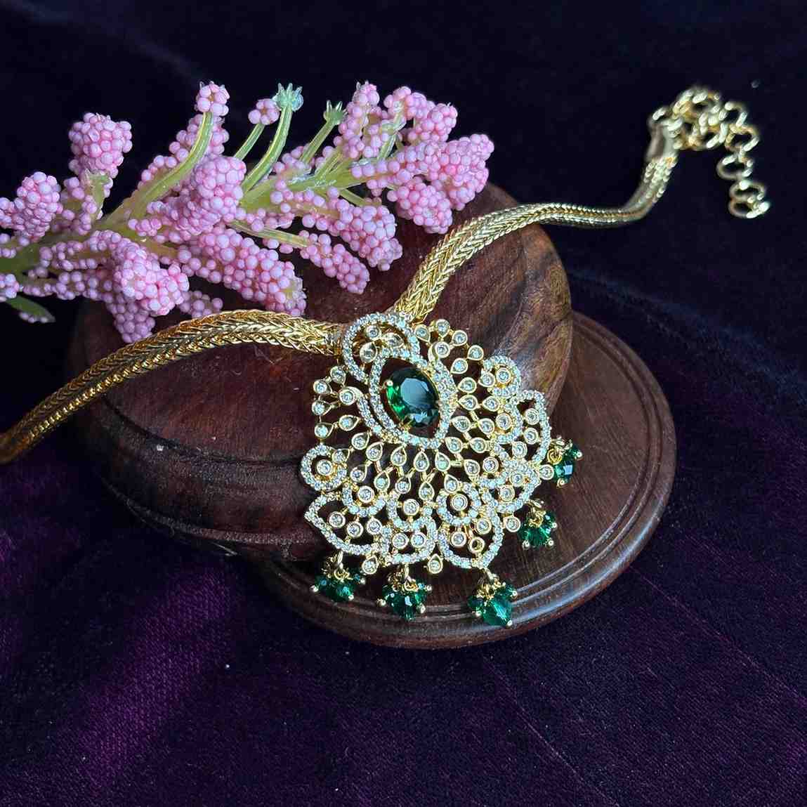 Premium Micro plated Attigai type necklace with Emerald Green Stone only necklace N0164-CJ44