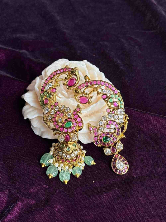 Premium Quality Kemp 3 in 1 use Jhumka Designed with Ruby red kemp Polki Diamonds Pearls And emerald hydro beads with Peacock Pattern can u as cuff,cuff with jhumka ,and cuff with drop J0070-CV90