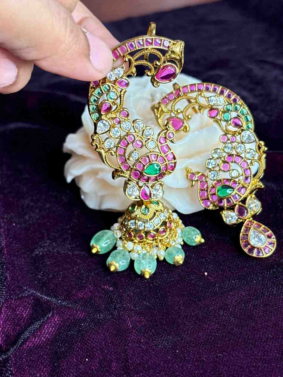 Premium Quality Kemp 3 in 1 use Jhumka Designed with Ruby red kemp Polki Diamonds Pearls And emerald hydro beads with Peacock Pattern can u as cuff,cuff with jhumka ,and cuff with drop J0070-CV90