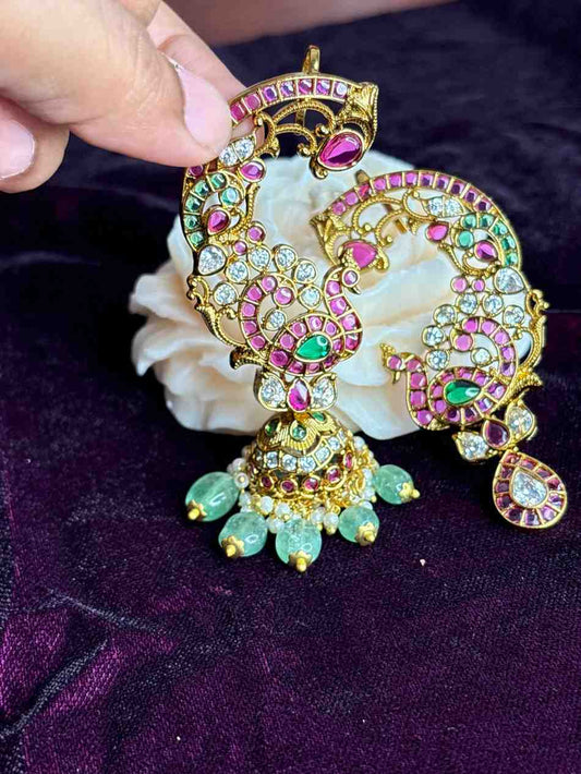 Premium Quality Kemp 3 in 1 use Jhumka Designed with Ruby red kemp Polki Diamonds Pearls And emerald hydro beads with Peacock Pattern can u as cuff,cuff with jhumka ,and cuff with drop J0070-CV90