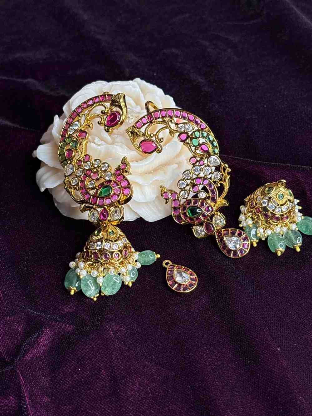 Premium Quality Kemp 3 in 1 use Jhumka Designed with Ruby red kemp Polki Diamonds Pearls And emerald hydro beads with Peacock Pattern can u as cuff,cuff with jhumka ,and cuff with drop J0070-CV90