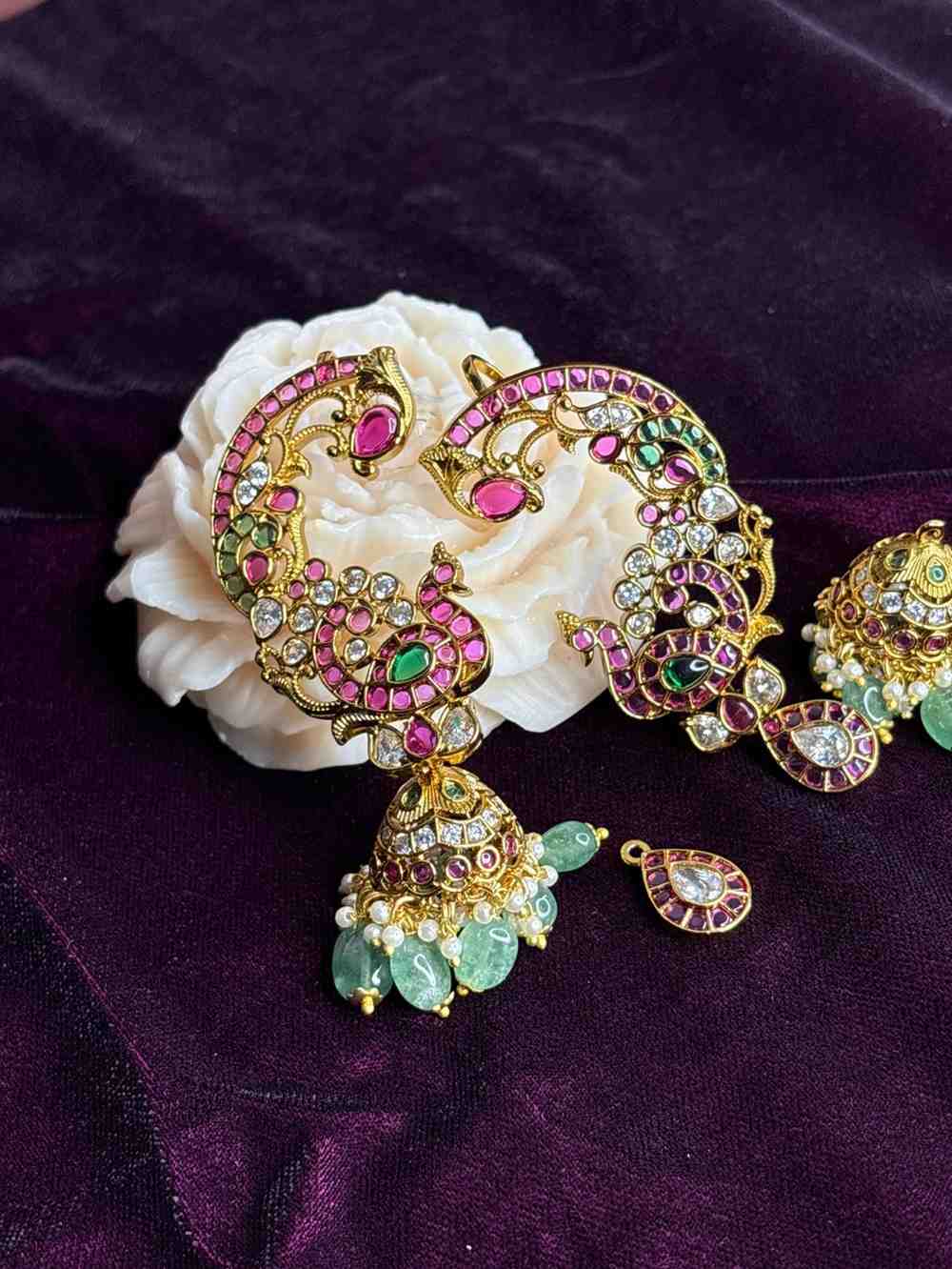 Premium Quality Kemp 3 in 1 use Jhumka Designed with Ruby red kemp Polki Diamonds Pearls And emerald hydro beads with Peacock Pattern can u as cuff,cuff with jhumka ,and cuff with drop J0070-CV90