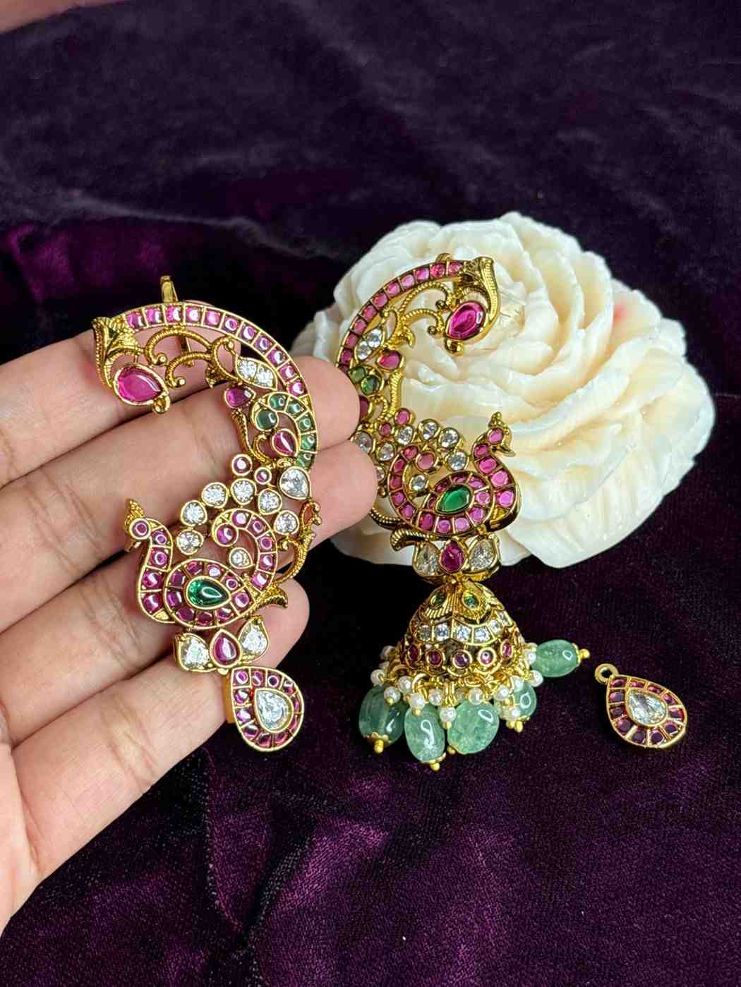 Premium Quality Kemp 3 in 1 use Jhumka Designed with Ruby red kemp Polki Diamonds Pearls And emerald hydro beads with Peacock Pattern can u as cuff,cuff with jhumka ,and cuff with drop J0070-CV90