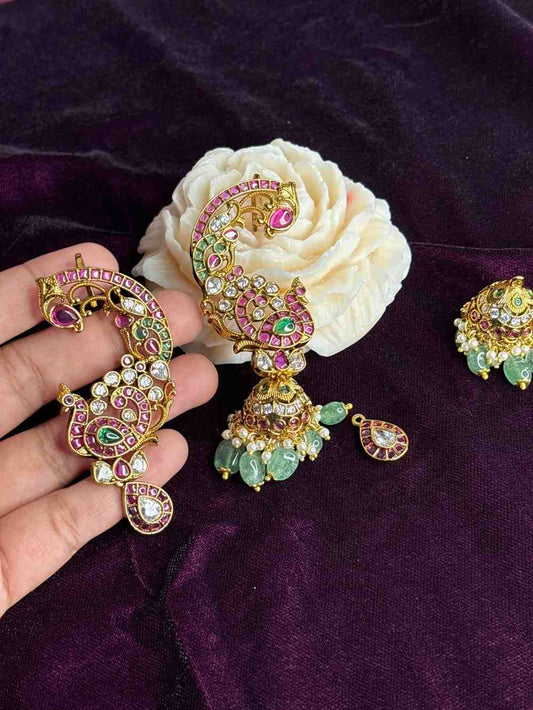 Premium Quality Kemp 3 in 1 use Jhumka Designed with Ruby red kemp Polki Diamonds Pearls And emerald hydro beads with Peacock Pattern can u as cuff,cuff with jhumka ,and cuff with drop J0070-CV90