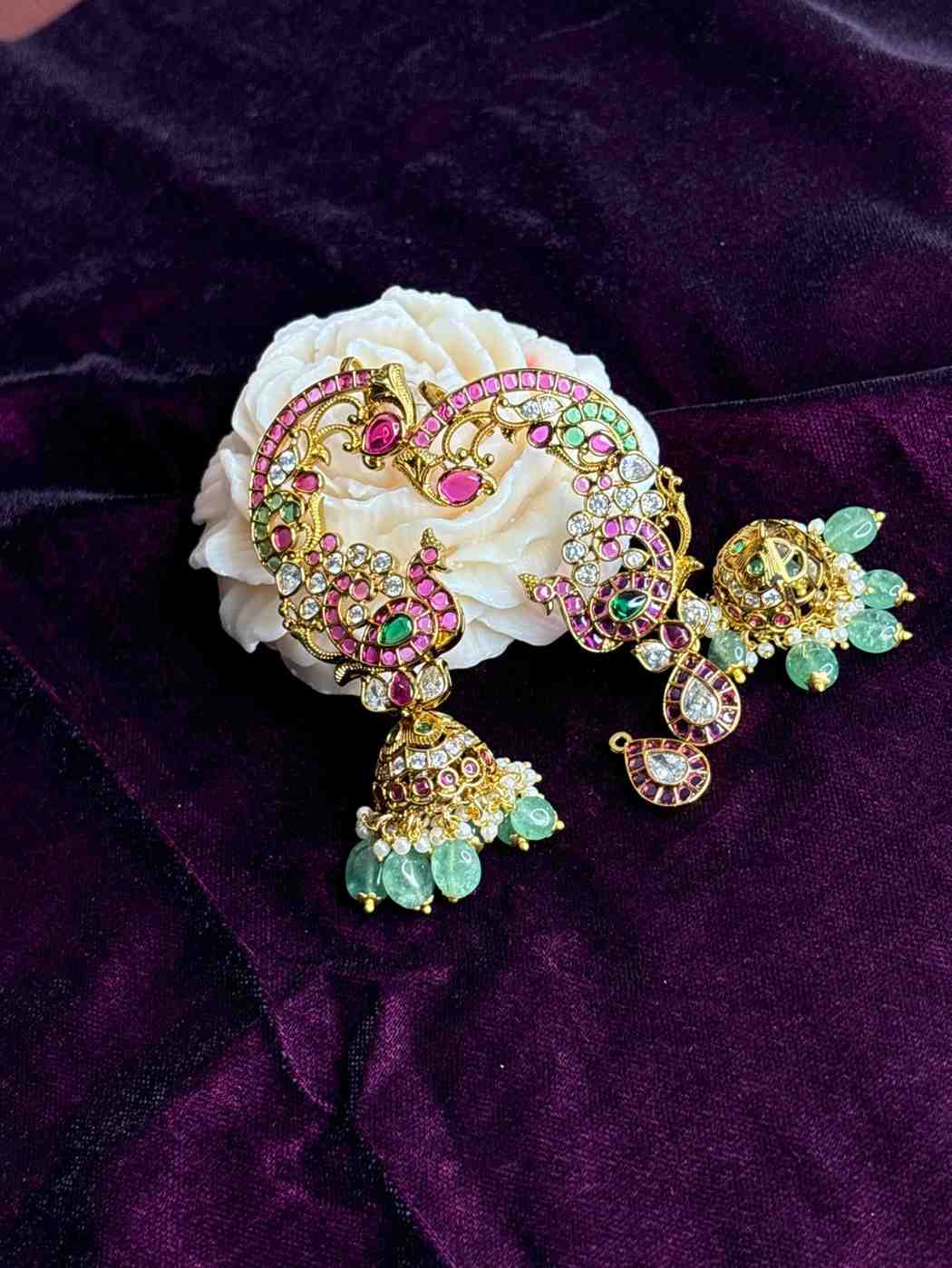 Premium Quality Kemp 3 in 1 use Jhumka Designed with Ruby red kemp Polki Diamonds Pearls And emerald hydro beads with Peacock Pattern can u as cuff,cuff with jhumka ,and cuff with drop J0070-CV90