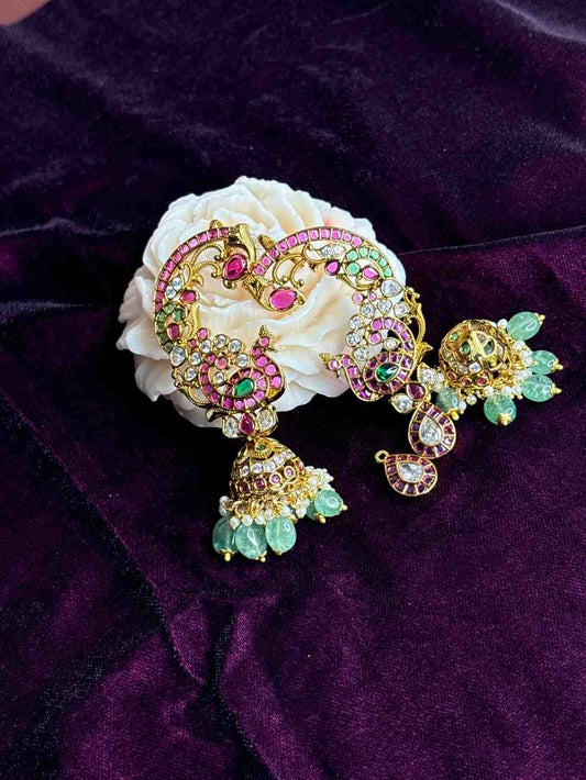 Premium Quality Kemp 3 in 1 use Jhumka Designed with Ruby red kemp Polki Diamonds Pearls And emerald hydro beads with Peacock Pattern can u as cuff,cuff with jhumka ,and cuff with drop J0070-CV90