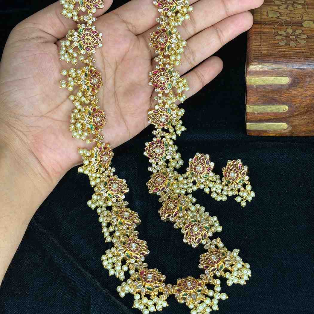 Premium Quality Lotus Haram Designed with Kemp stones with loaded pearl hangings comes with matching earrings H0041-CJ200