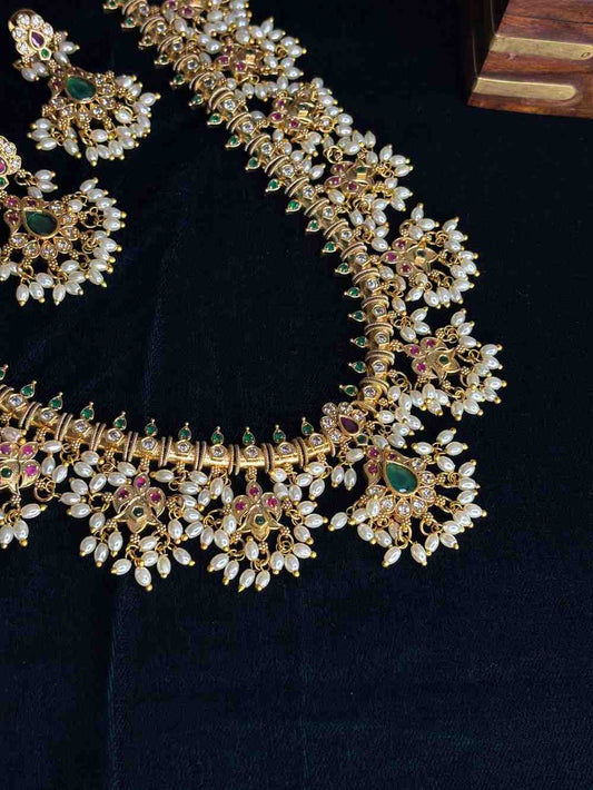 Premium quality Haram chain Traditional Buttapusalu necklace Floral Pattern With Hanging Pearls H0024-CI138