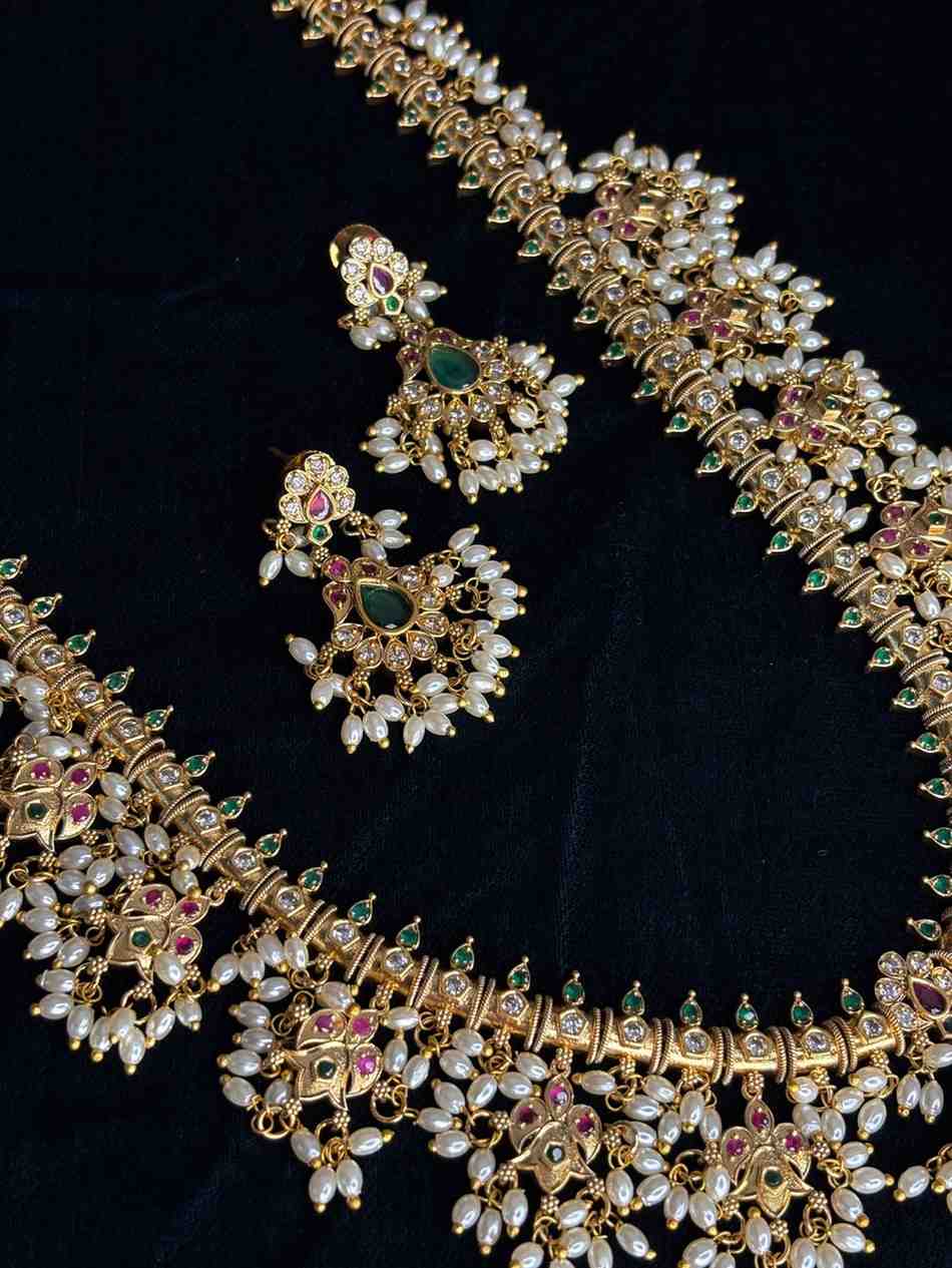 Premium quality Haram chain Traditional Buttapusalu necklace Floral Pattern With Hanging Pearls H0024-CI138