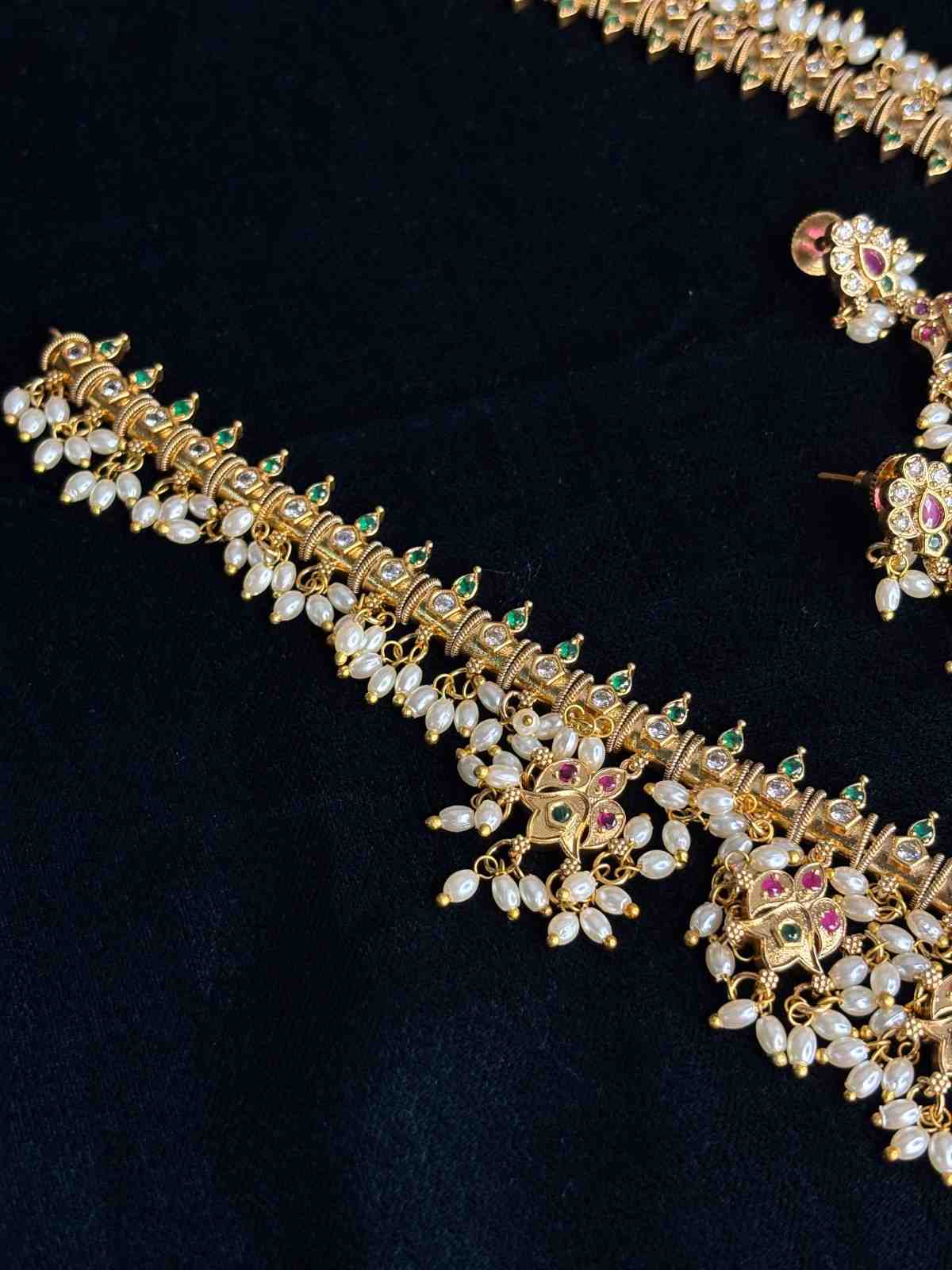 Premium quality Haram chain Traditional Buttapusalu necklace Floral Pattern With Hanging Pearls H0024-CI138