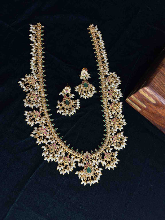 Premium quality Haram chain Traditional Buttapusalu necklace Floral Pattern With Hanging Pearls H0024-CI138