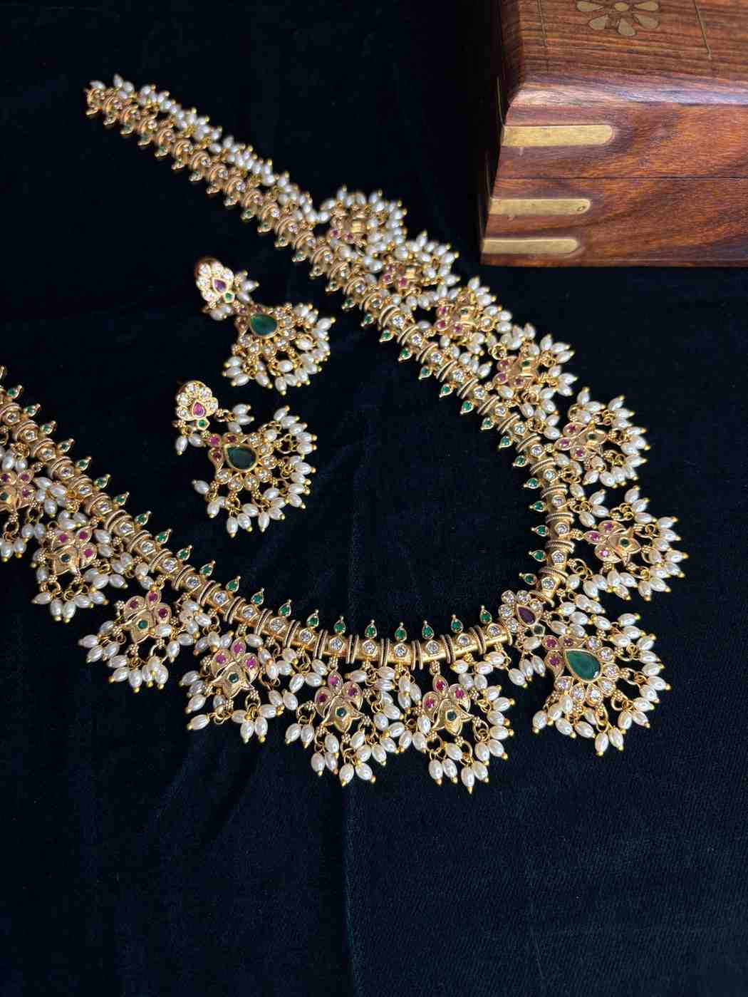 Premium quality Haram chain Traditional Buttapusalu necklace Floral Pattern With Hanging Pearls H0024-CI138
