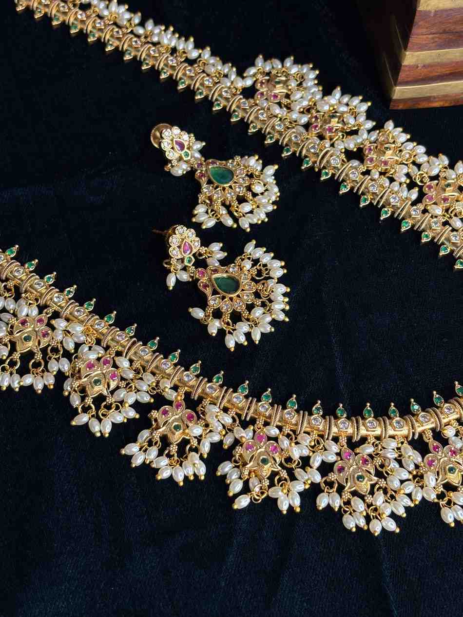 Premium quality Haram chain Traditional Buttapusalu necklace Floral Pattern With Hanging Pearls H0024-CI138