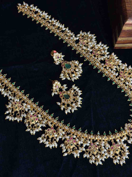 Premium quality Haram chain Traditional Buttapusalu necklace Floral Pattern With Hanging Pearls H0024-CI138