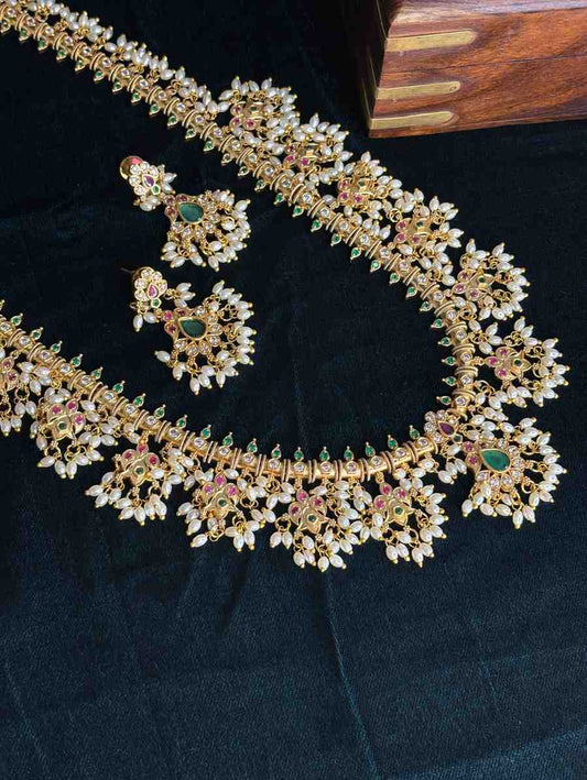 Premium quality Haram chain Traditional Buttapusalu necklace Floral Pattern With Hanging Pearls H0024-CI138