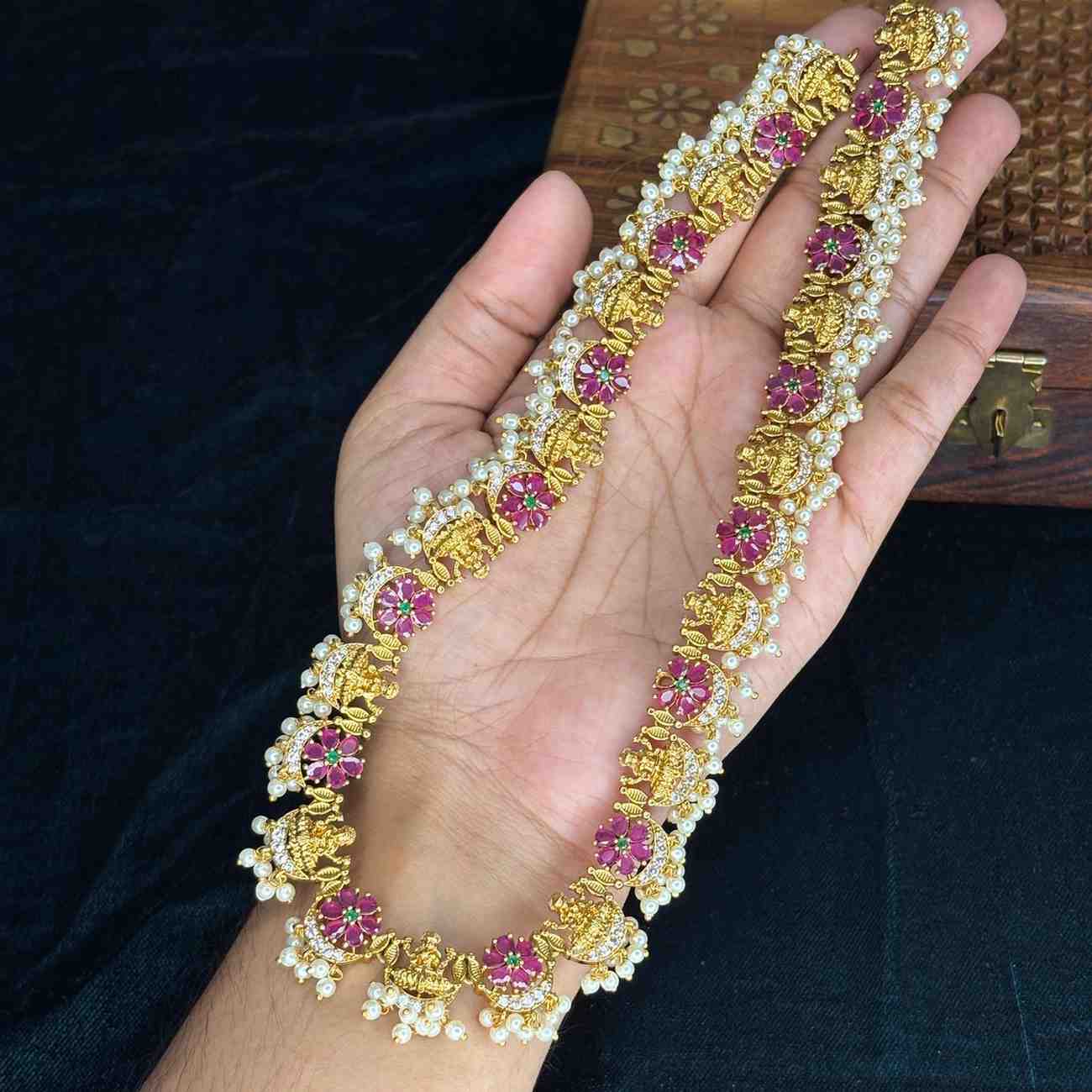 Premium Quality  Traditional Ruby Stone Lakshmi Haram With Hanging pearls H0030-CJ102