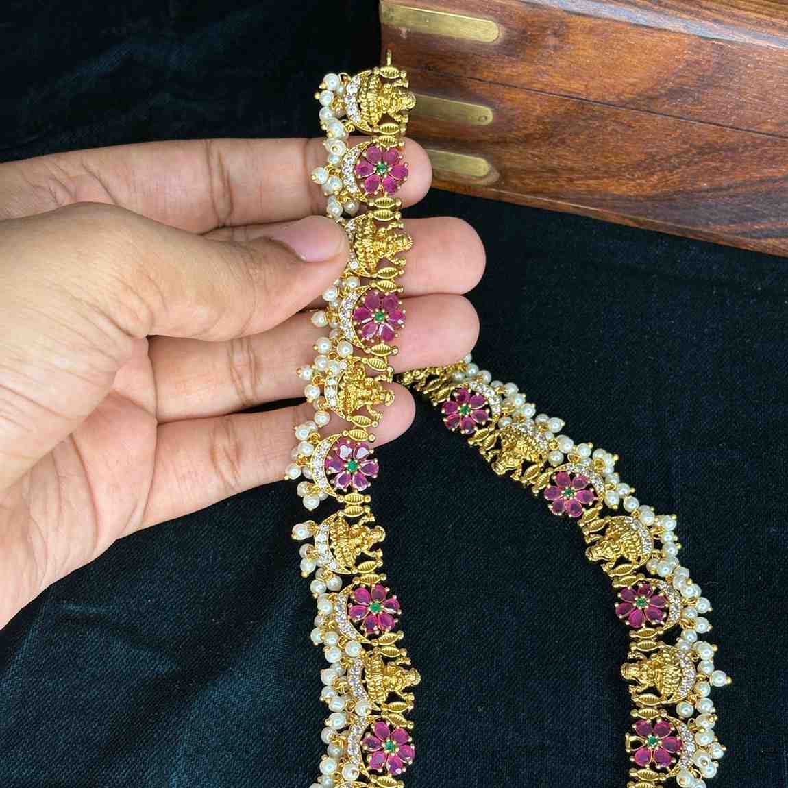 Premium Quality  Traditional Ruby Stone Lakshmi Haram With Hanging pearls H0030-CJ102