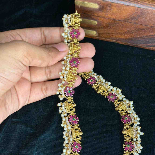 Premium Quality  Traditional Ruby Stone Lakshmi Haram With Hanging pearls H0030-CJ102