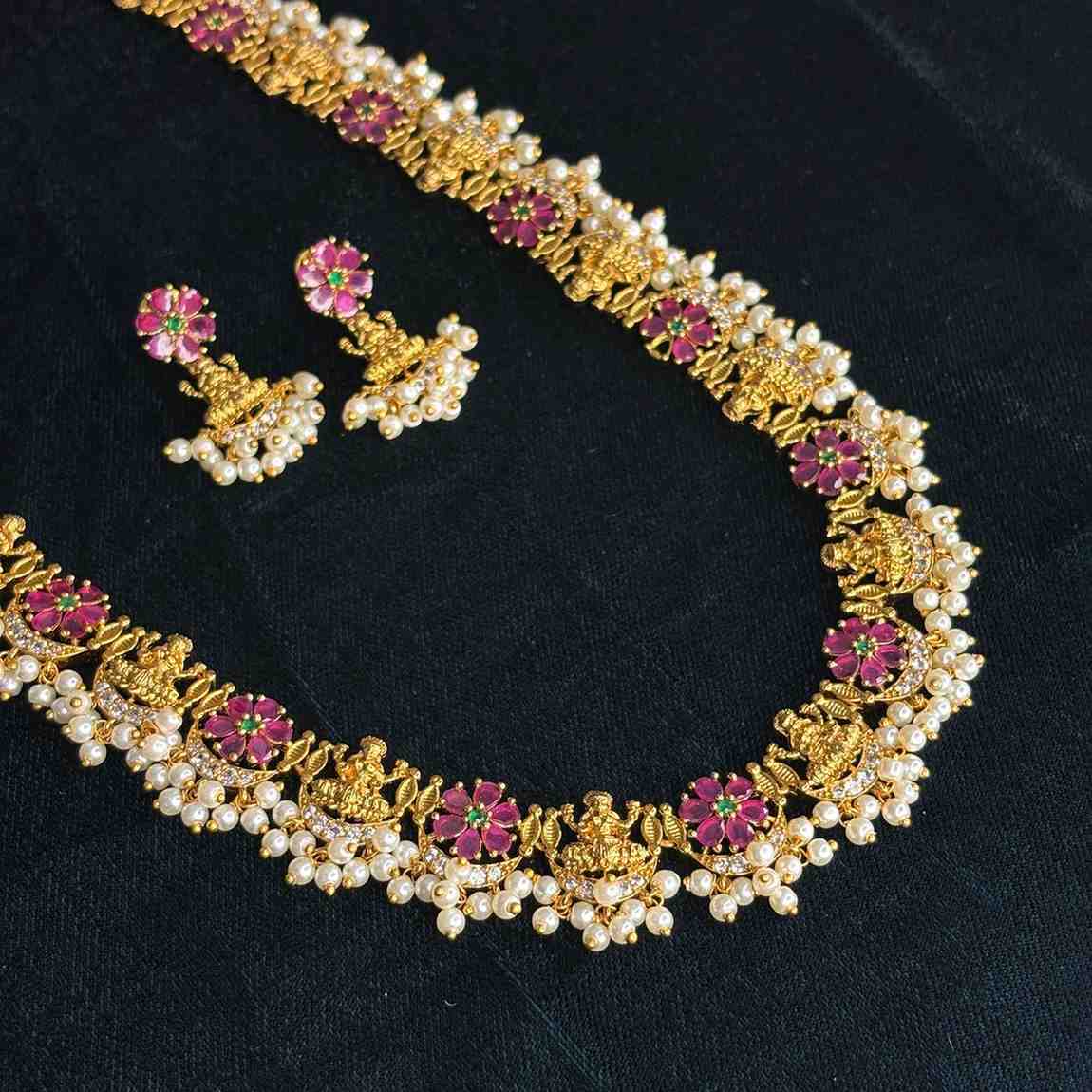 Premium Quality  Traditional Ruby Stone Lakshmi Haram With Hanging pearls H0030-CJ102