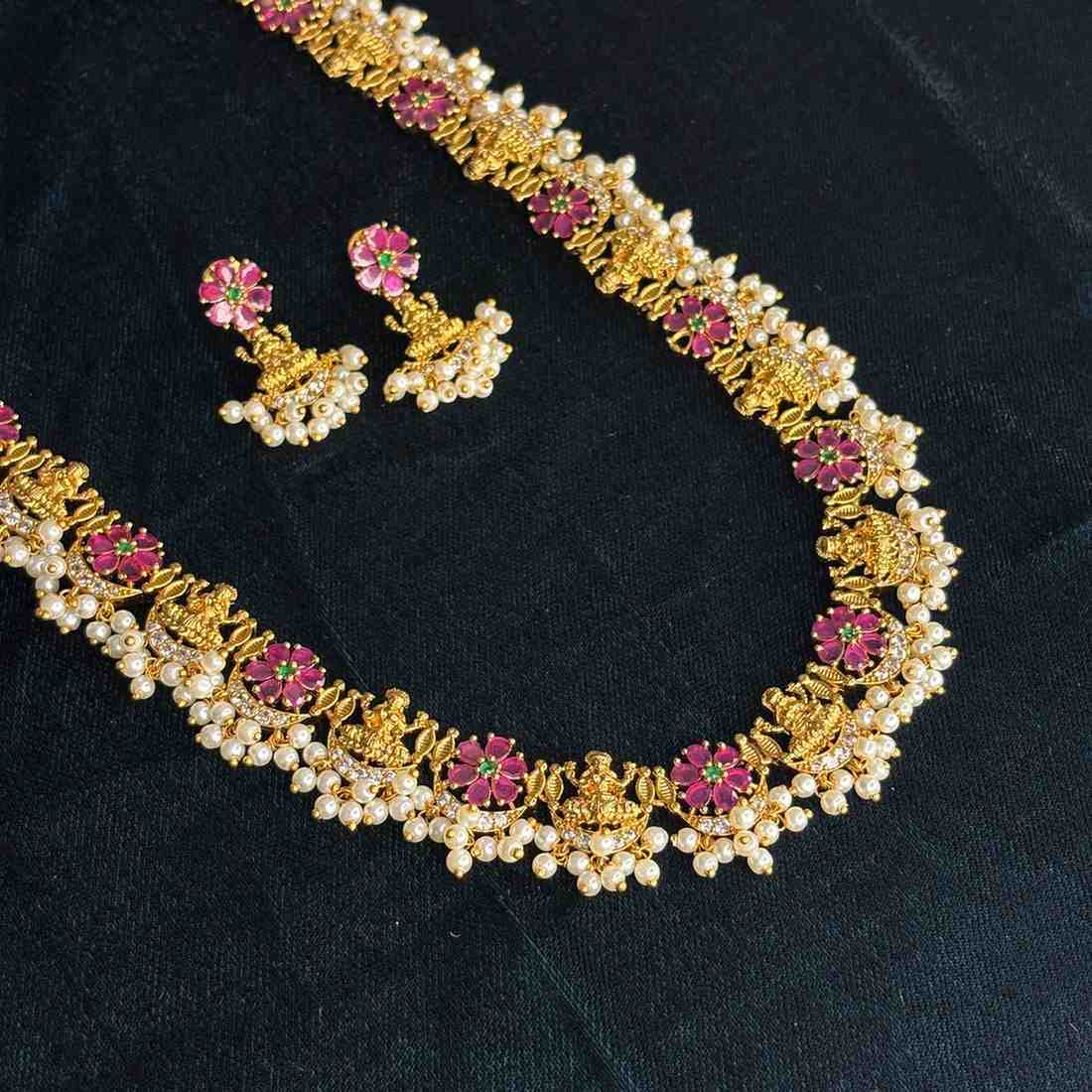 Premium Quality  Traditional Ruby Stone Lakshmi Haram With Hanging pearls H0030-CJ102