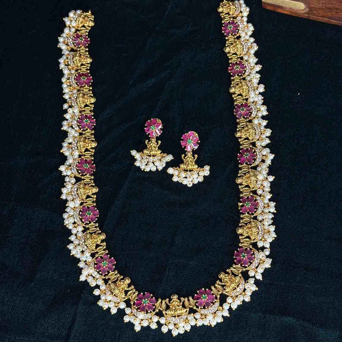 Premium Quality  Traditional Ruby Stone Lakshmi Haram With Hanging pearls H0030-CJ102